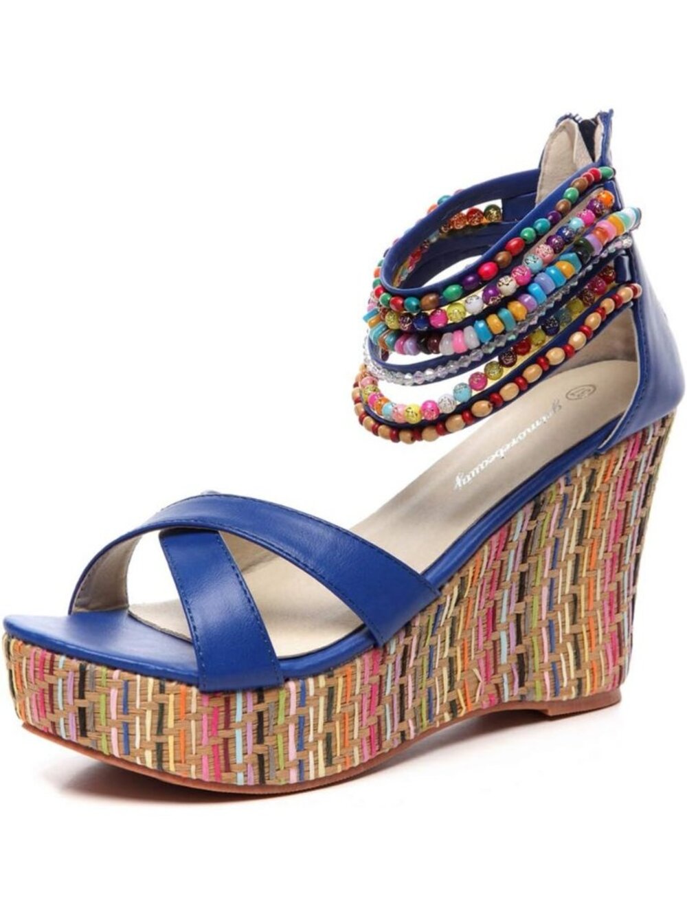 Women's Navy Blue Stylish Pearls Across the Top Platform Wedge High Heels Sandal